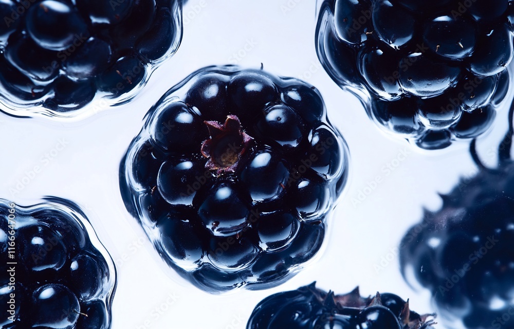 Poster close-up of fresh blackberries submerged in water, showcasing their texture and color.