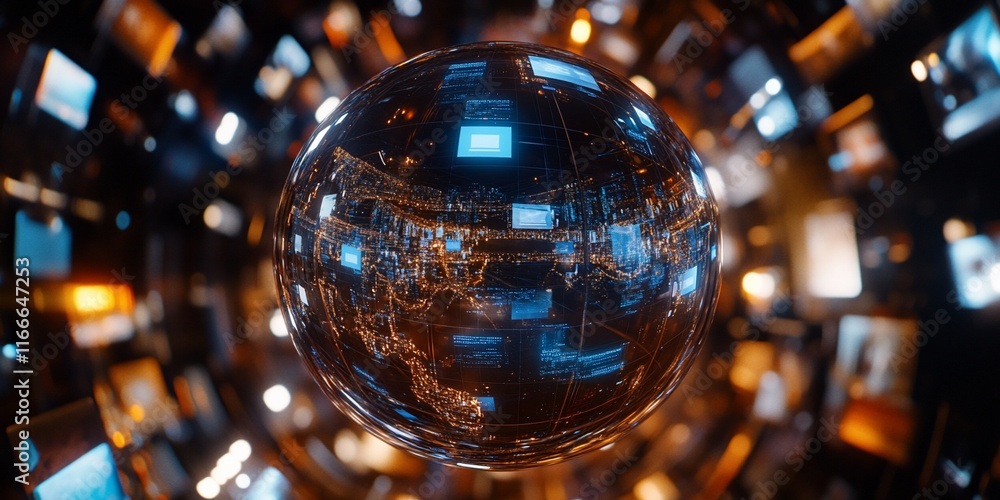 Poster Global network sphere with digital data streams.