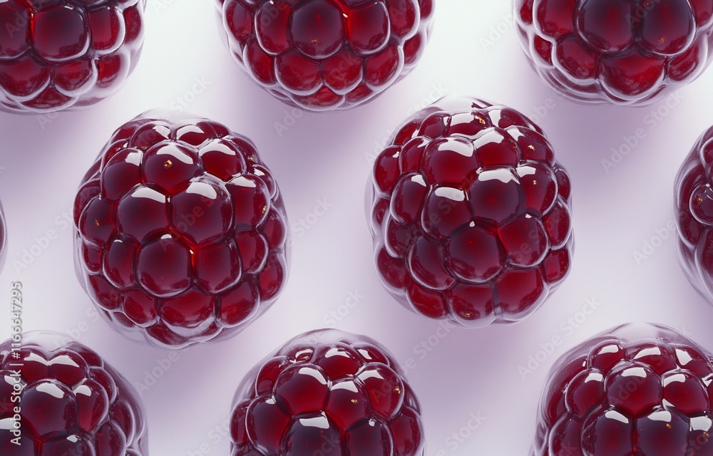 Poster close-up of multiple shiny, red raspberries arranged in a repeating pattern on a light purple backgr
