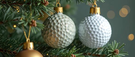 golf ball-shaped ornaments on a coniferous tree