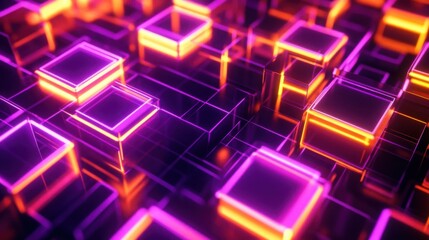 Neon purple and orange squares arranged in a 3D grid, with glowing neon trails.