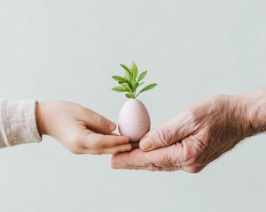 Nurturing Environmental Values Holiday Hand-off of Pastel Egg Plant with Child and Adult