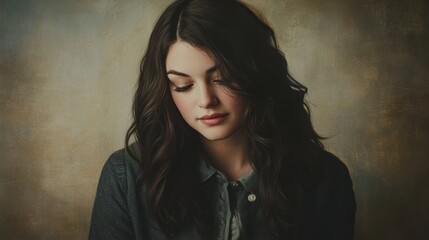Fototapeta premium Portrait of a woman with voluminous, wavy brunette hair and a subtle makeup look, placed against a neutral background