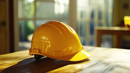 Yellow Safety Helmet on Wooden Table with Soft Focus Lighting