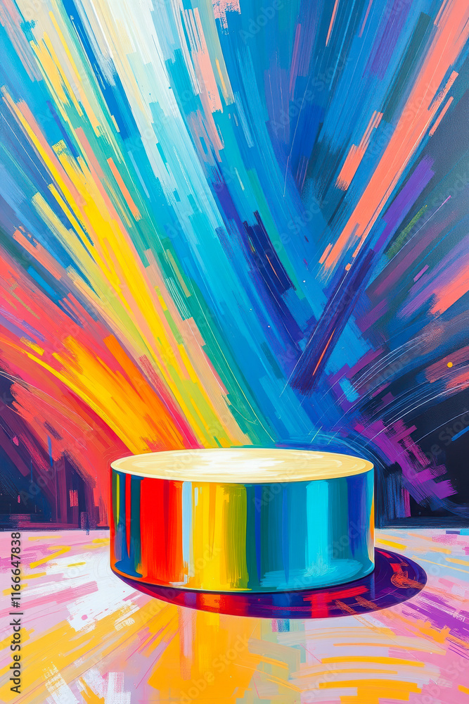 Poster colorful cylinder platform a dynamic abstract setting