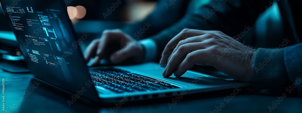 Poster Close-up of hands typing on laptop keyboard with glowing screen displaying code.