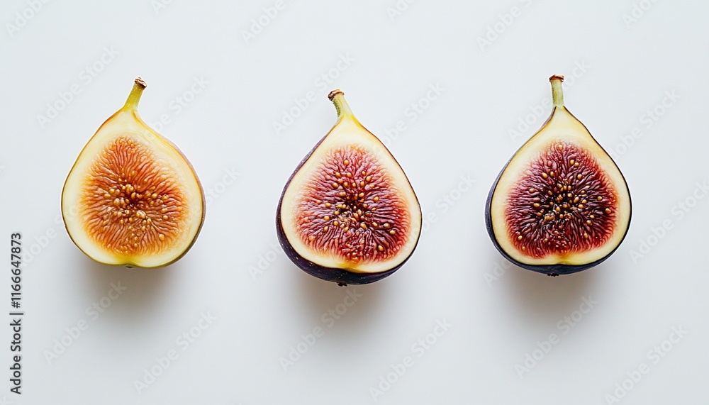 Poster Three halved figs arranged in a row on a white background, showcasing variations in ripeness and color.