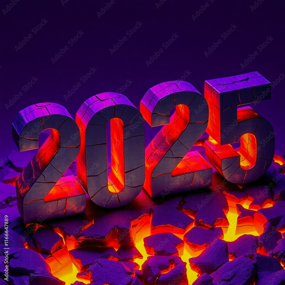 Poster glowing three-dimensional numbers 2025 on a fractured surface