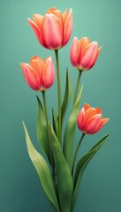 Obraz premium Tulips in bloom, vibrant coral colors, elegant floral arrangement on a turquoise background, copy space