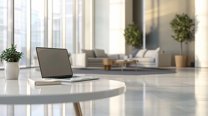 Modern Office Lounge Area with Coffee Table and Laptop Setup