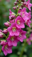 Fototapeta premium Campsis flowers in full bloom, vibrant pink colors, elegant floral arrangement with green buds, copy space