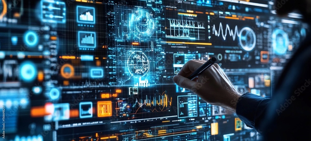 Aufkleber Hand interacts with a futuristic digital interface displaying data visualizations and graphs.