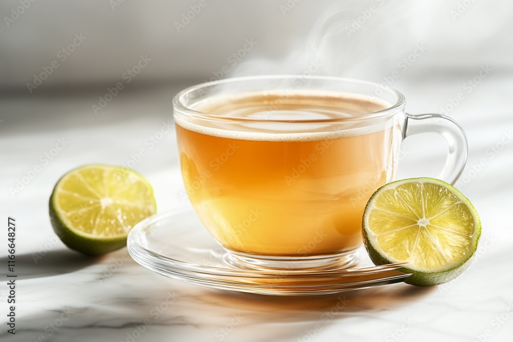 Poster steaming cup of tea with lime slices on a marble surface.