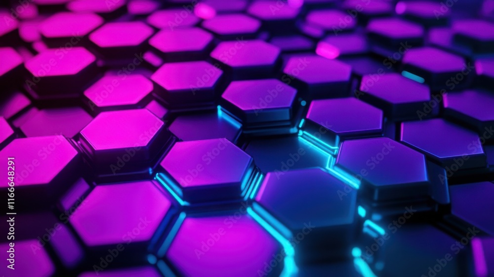 Sticker neon purple and teal hexagons interlocked in a honeycomb pattern, floating in space.