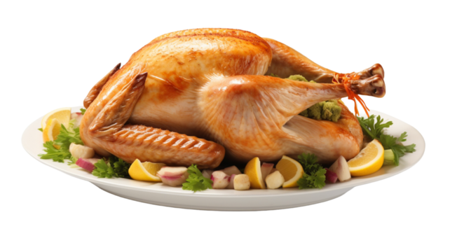 Roast turkey in white bowl on transparent background. 

