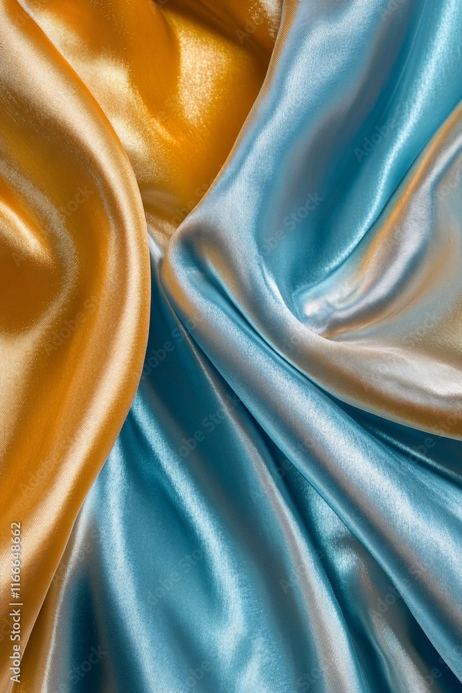 Poster abstract image of blue and gold silk fabric with soft folds and waves.