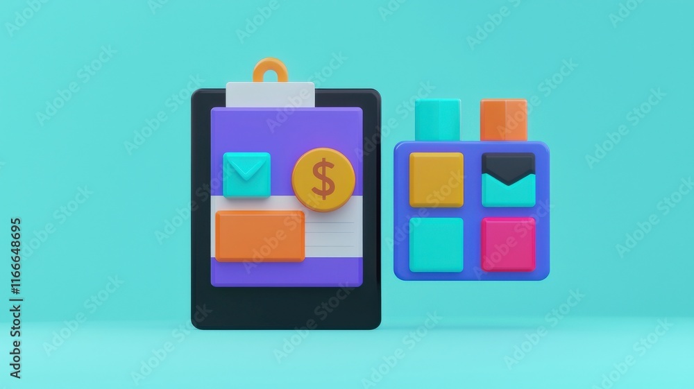 Aufkleber finance interest analytics concept. colorful digital interface showing app icons and a dollar symbol