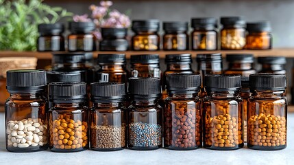 Amber Jars Filled With Various Colorful Pills