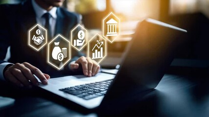 Businessman works on a laptop with virtual icons The image reflects tax services, digital tools, and business planning for retirement strategies