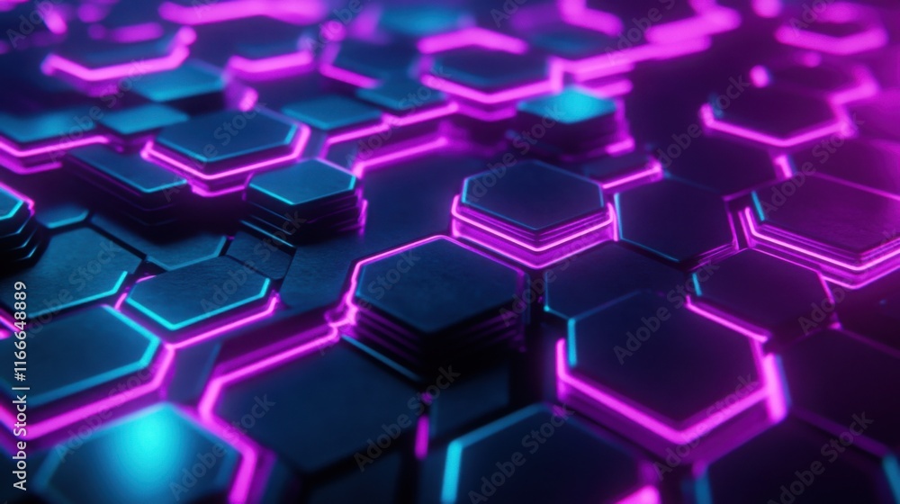 Sticker neon purple and teal hexagons interlocked in a honeycomb pattern, floating in space.