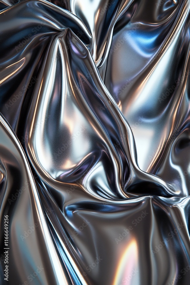 Poster abstract image of shimmering, metallic fabric with folds and creases, reflecting light in a dynamic 