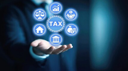 Businessman extends his hand with tax icons hovering above, The scene symbolizes tax services, innovative tools, and business growth