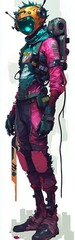 A futuristic cyberpunk figure with a half-skull face, spiked hair, sunglasses, and vibrant neon pink and teal background in bold digital art.