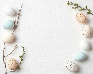 Minimalist Easter Background with Decorative Eggs on Textured White Brick Wall