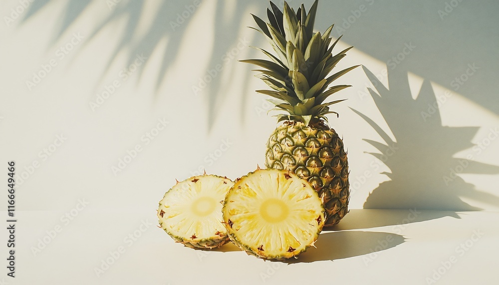 Poster whole and sliced pineapple with palm leaf shadow on white background.