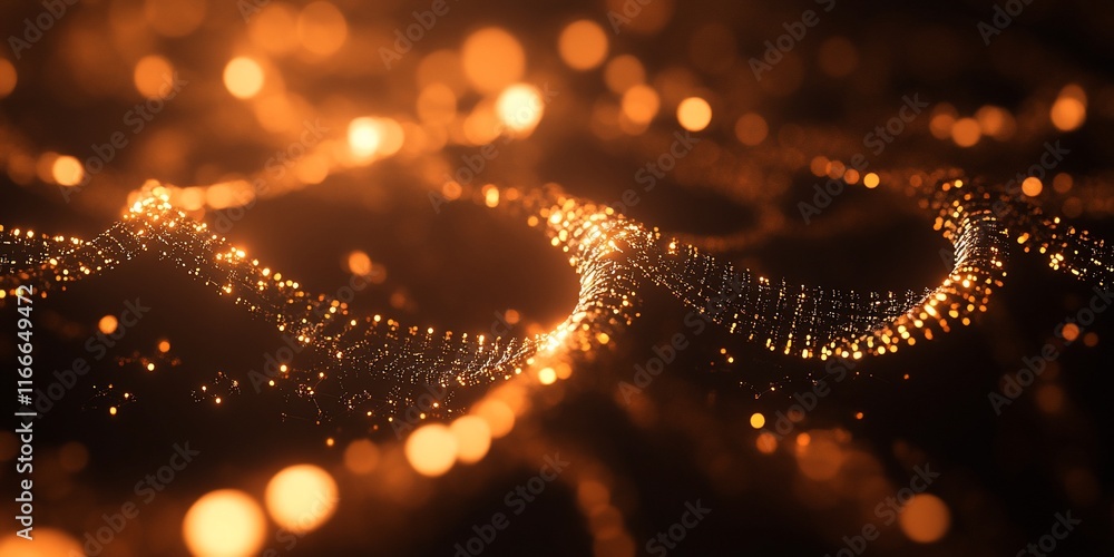 Fototapete abstract golden particles flowing in a dark background with bokeh lights.