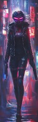A futuristic cyberpunk figure with a half-skull face, spiked hair, sunglasses, and vibrant neon pink and teal background in bold digital art.