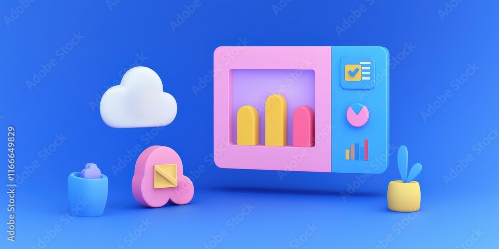 Poster finance interest analytics concept. colorful 3d illustration of graphs and icons representing data a