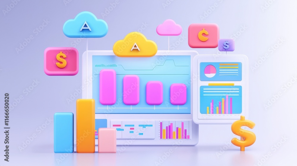 Aufkleber finance interest analytics concept. colorful 3d data visualization with charts, graphs, and cloud sy