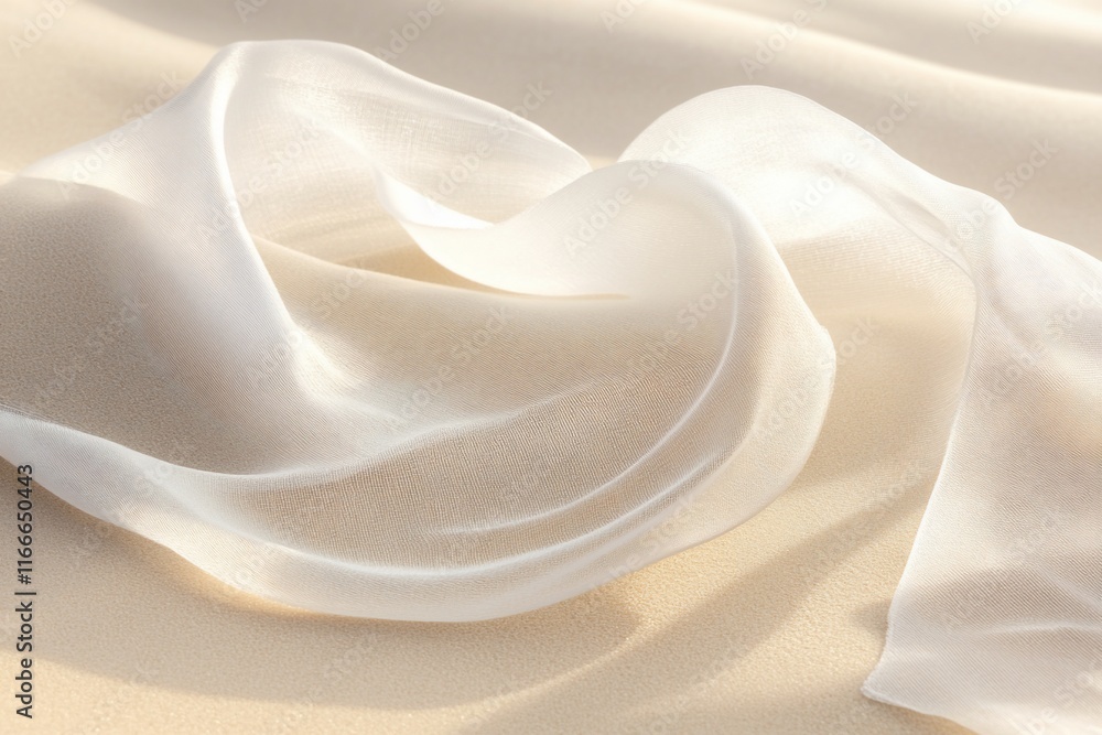 Poster soft, flowing white silk fabric draped on a beige background, illuminated by soft light, creating el