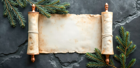 aged paper scroll with evergreen accents