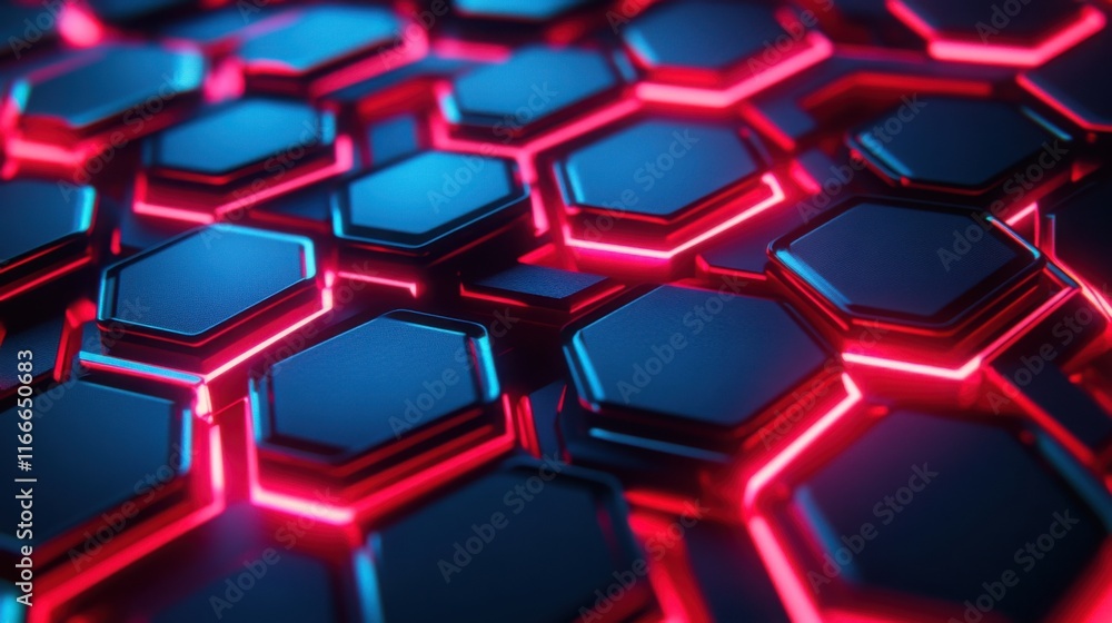 Canvas Prints neon red and blue hexagons interlocked in a 3d pattern, glowing against a dark background.
