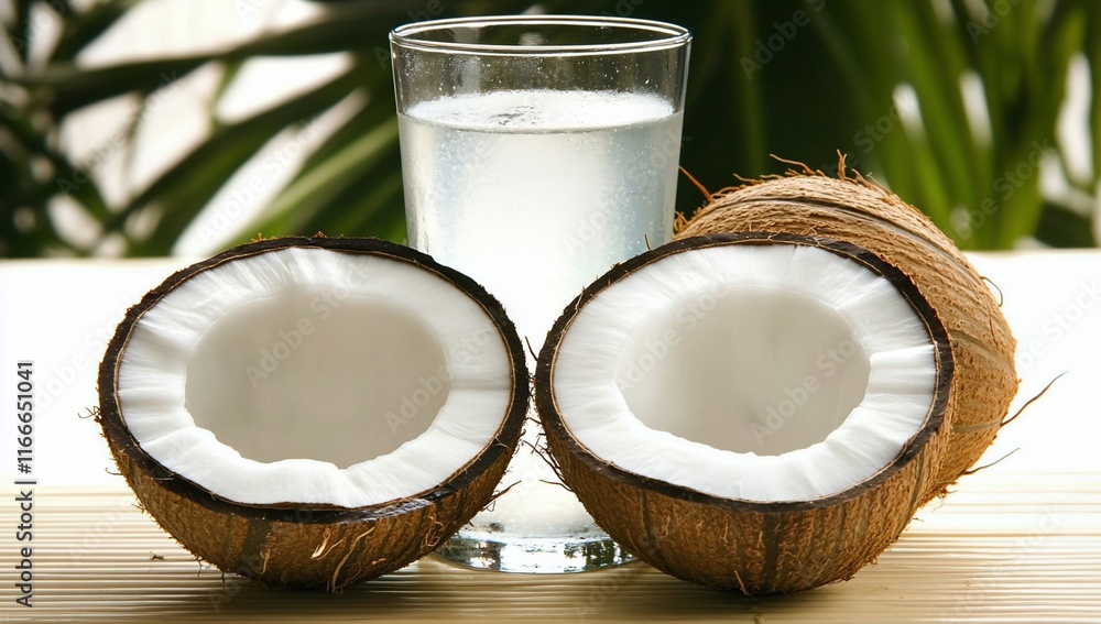 Poster two halved coconuts and a glass of coconut water on a bamboo surface with a blurred tropical backgro