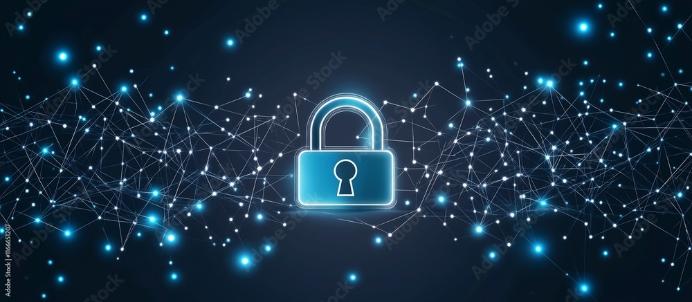 Poster cyber security concept glowing padlock in network.
