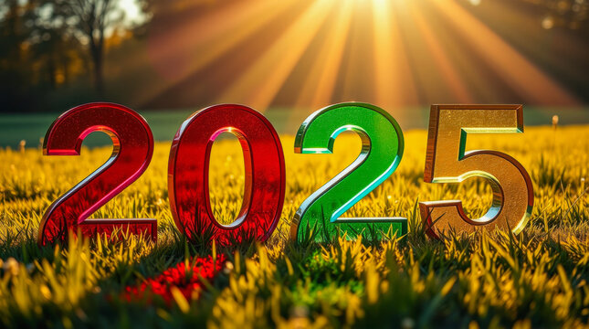 multicolored glass numerals 2025 a grassy field at sunset
