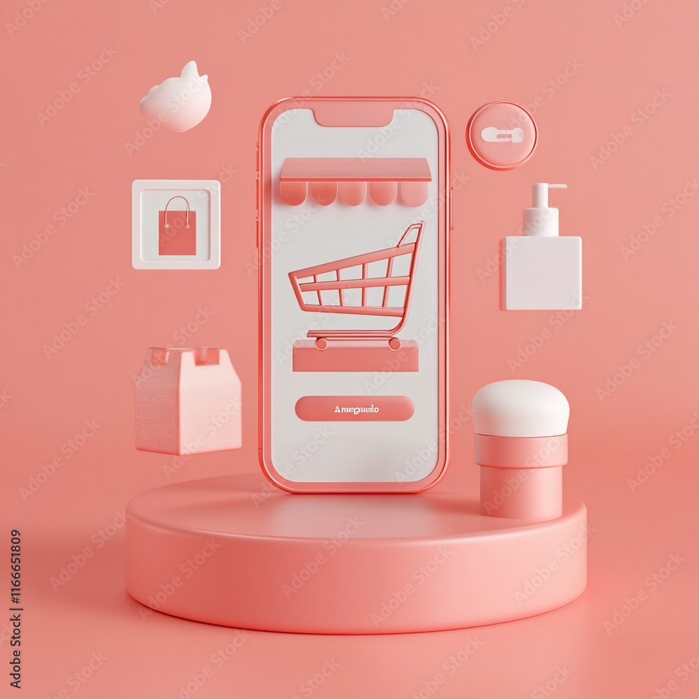 Aufkleber 3D rendering of online shopping app interface on smartphone with various product icons.