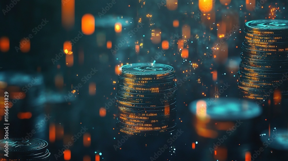 Poster digital financial data with floating 3d coins and sparkling effects