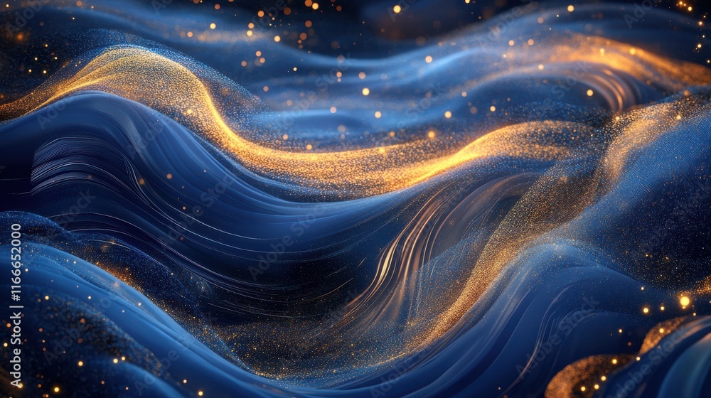 Poster digital abstract wave background in blue with golden particles. high-tech, futuristic design featuri