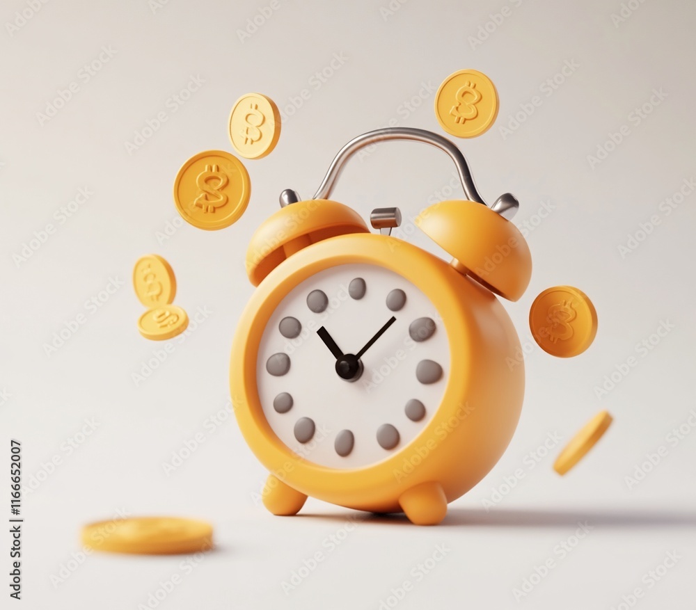 Poster yellow alarm clock with bitcoins falling around it, symbolizing time and cryptocurrency.