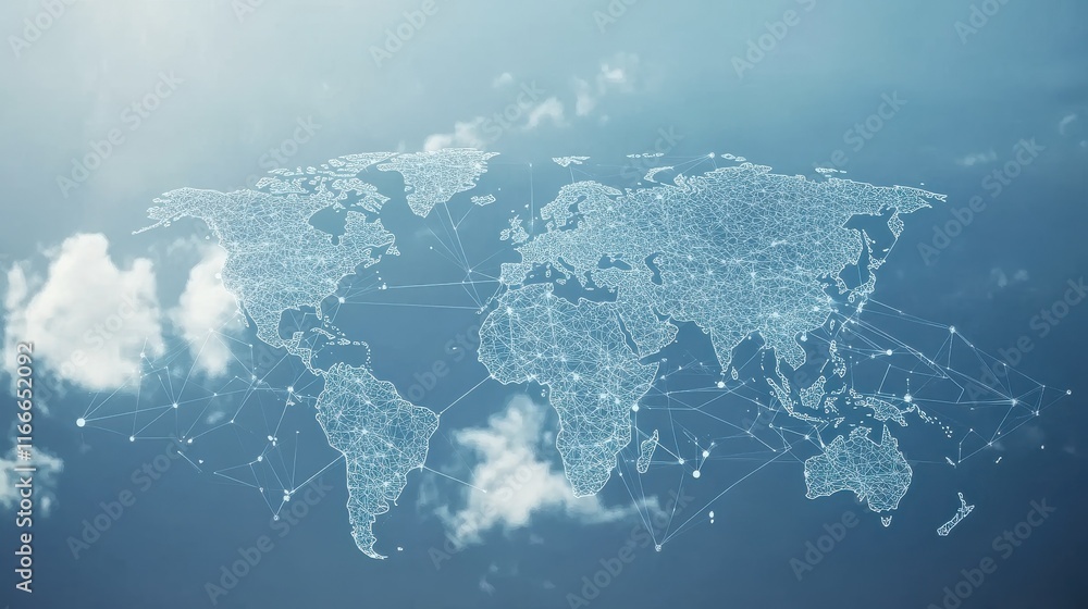 Aufkleber light blue background with a digital world map and global network connections, representing the conc