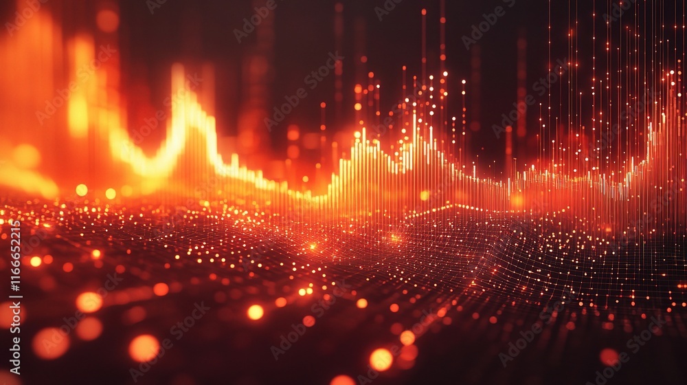 Poster digital inferno: abstract fiery landscape of data points forming a glowing wave, symbolizing the pow