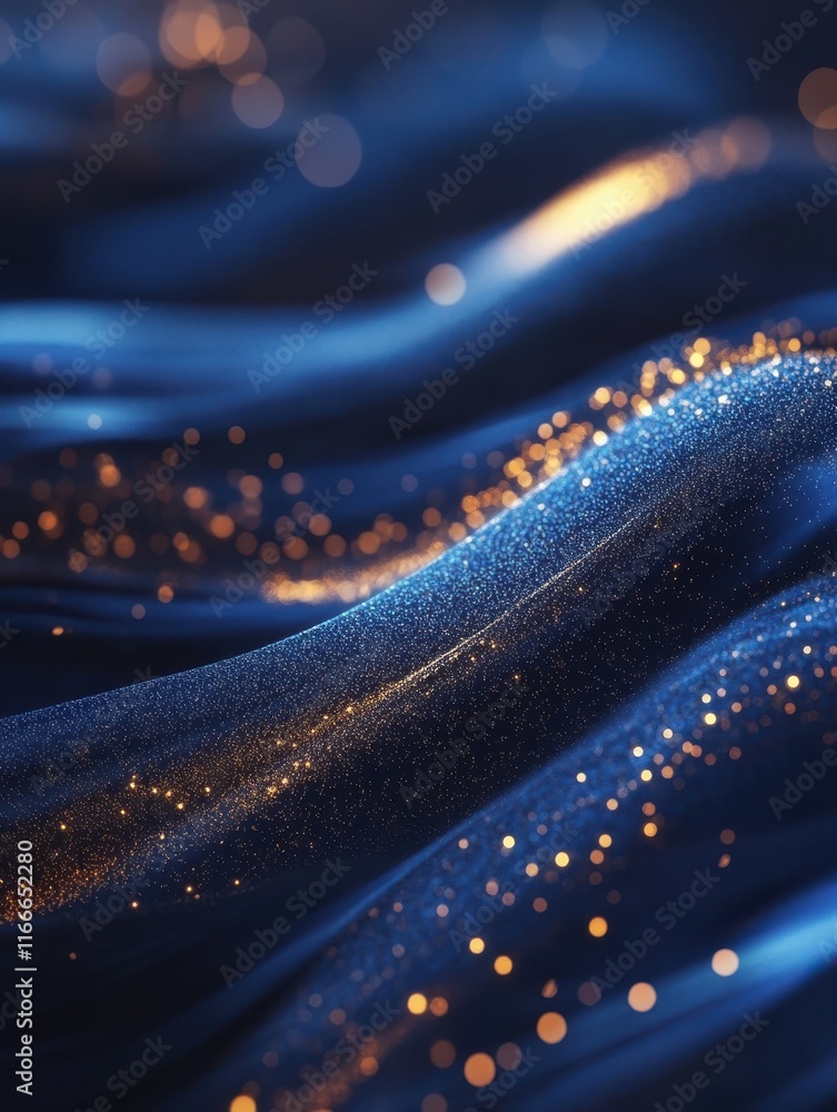 Poster digital abstract wave background in blue with golden particles. high-tech, futuristic design featuri