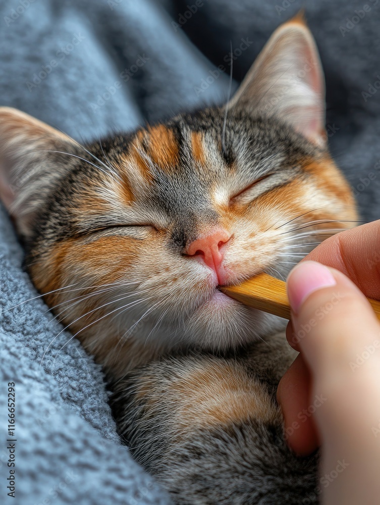 Wall mural A person gently touches a sleeping cat's face with a wooden stick.