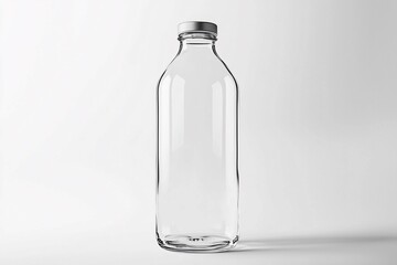 Elegant glass water bottle mockup on a pristine white background, ideal for branding and product showcases, emphasizing its sleek design and clarity.