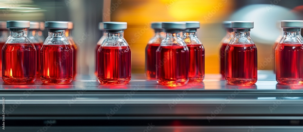 Aufkleber rows of red liquid-filled vials on a metal surface in a laboratory.