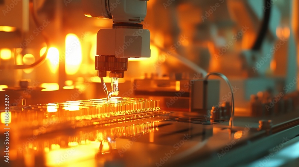 Poster high tech factory floor with robotic arms assembling products